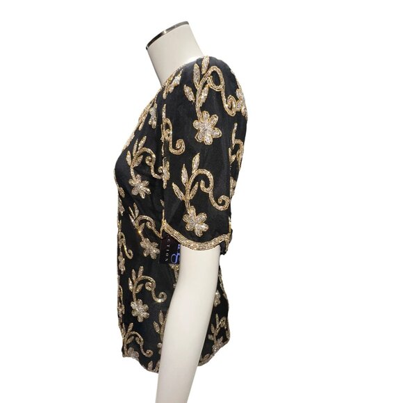 Stenay Small Black Gold All Silk Beaded Sequin Floral Blouse Vintage Evening Top - Picture 3 of 13